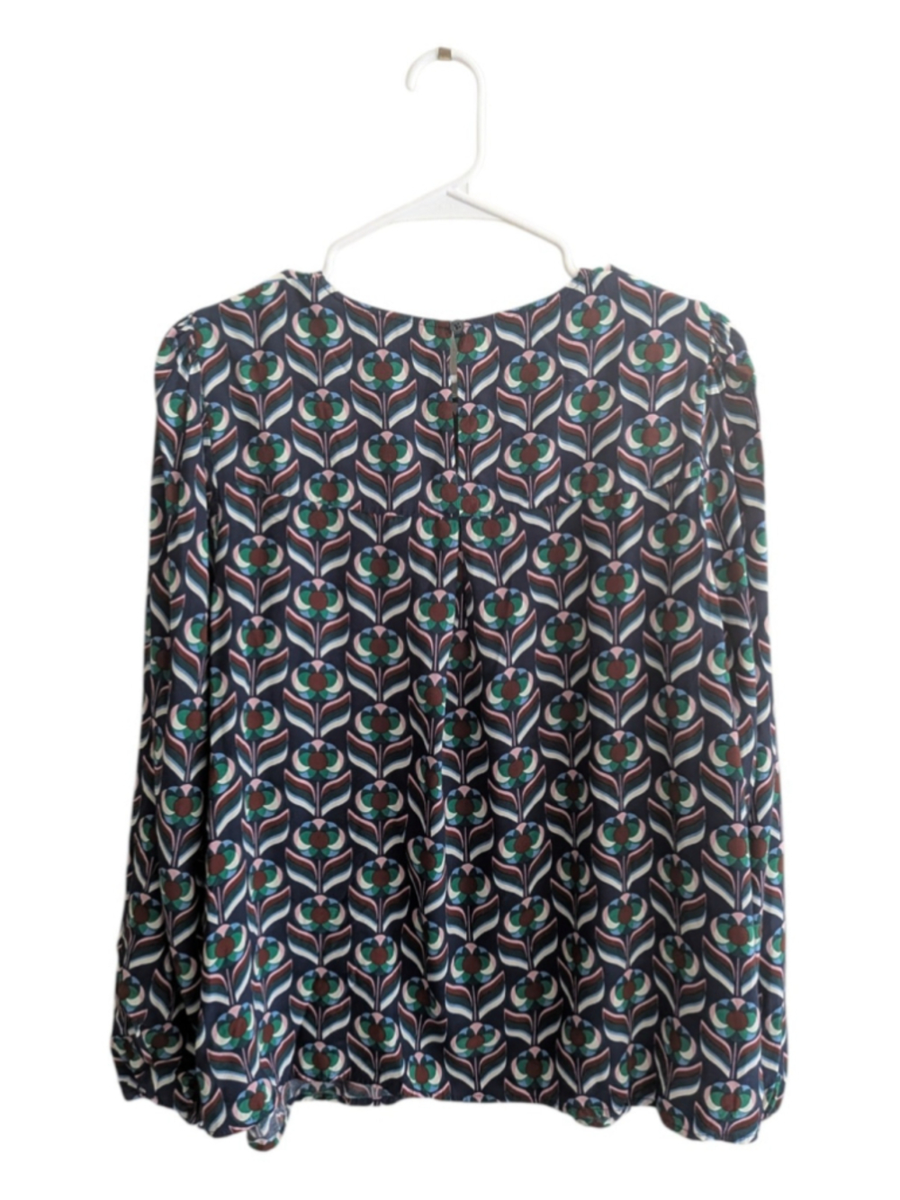Boden Floral Geometric Print Blouse Navy Green Puff Sleeve Top US 12 - Picture 3 of 6